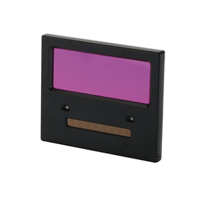 The Draper Filter For Use With Welding Helmet - Stock No. 02517 is a sleek black electronic device featuring a purple screen and brown panel, resembling a modern welding helmet lens filter. Ideal as Stock No. 02517 (AWHFS-BKSF-F), this replacement filter is perfect for an auto-darkening welding helmet.