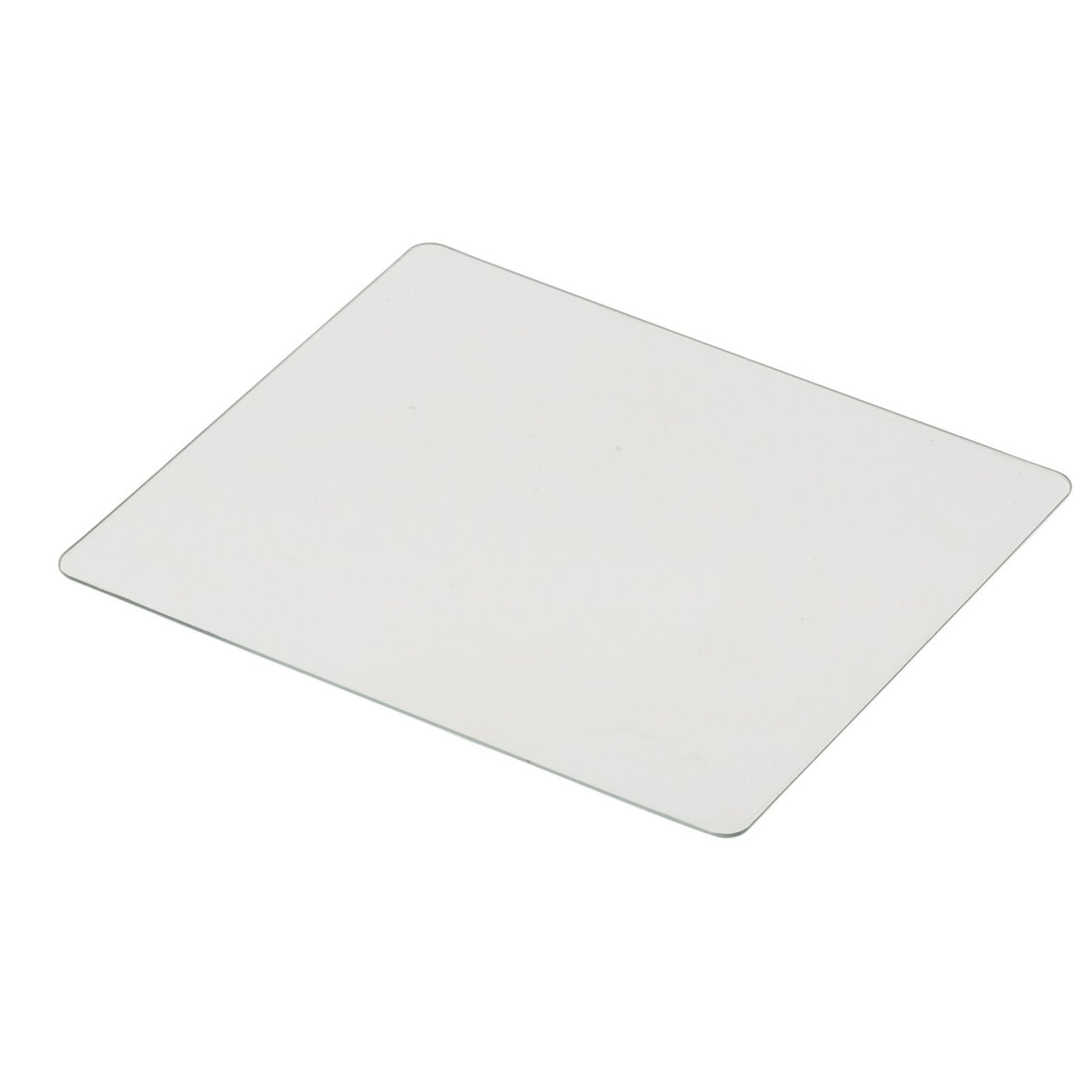 A rectangular, flat, clear glass pane with lightly rounded corners placed on a white surface, resembling the Draper Outside PC Lens for use with welding helmets (Stock No. 02512 - AWHVS-BK-LO).