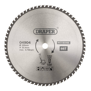 Here's a rewrite of the sentence using the given product data:

A Draper Tct Multi-Purpose Circular Saw Blade (model SBM9) featuring a 355mm diameter, 66 teeth, a 2.8mm kerf, and a 25.4mm bore, with a maximum speed of 3,750rpm and suitable for cutting multiple materials.