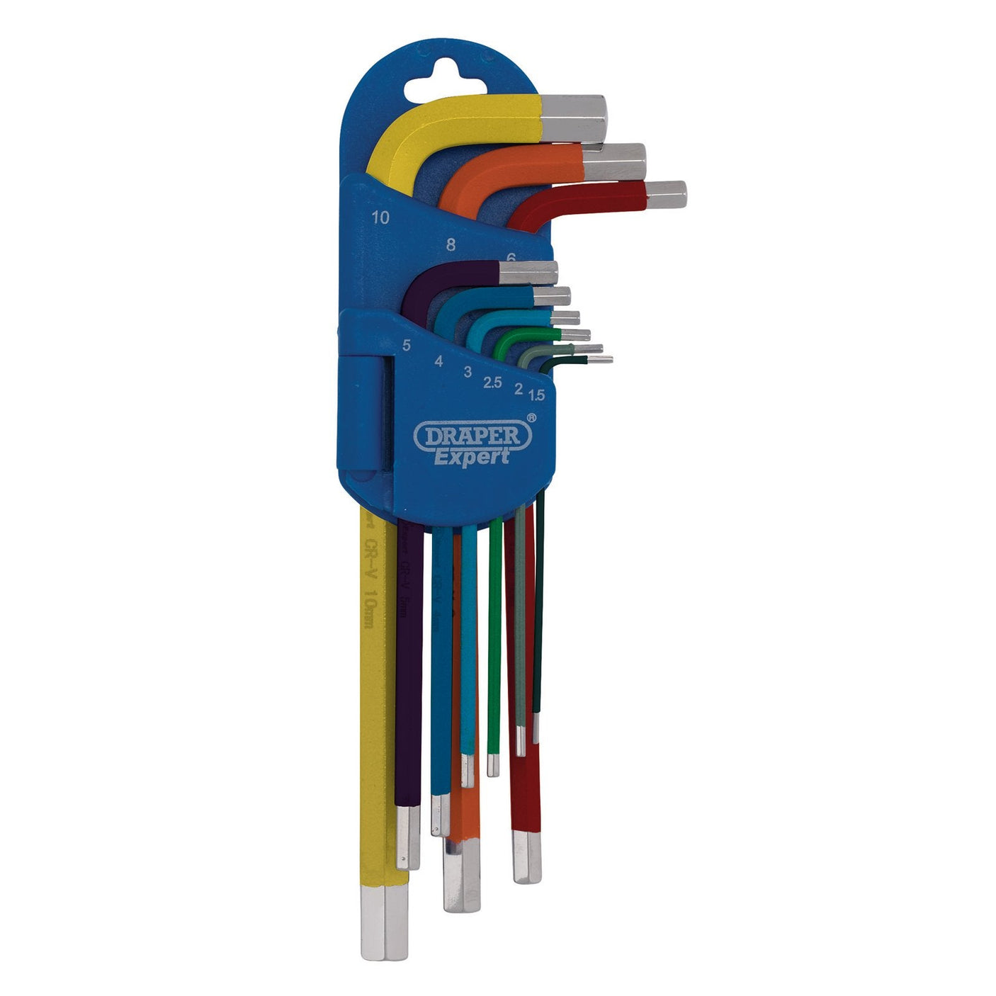 The Draper Expert Metric Long Arm Hex Key Set, Colour Coded (9 Piece) - LCHKS/9, contains nine color-coded hex keys in various sizes, all secured in a blue Draper Expert holder.