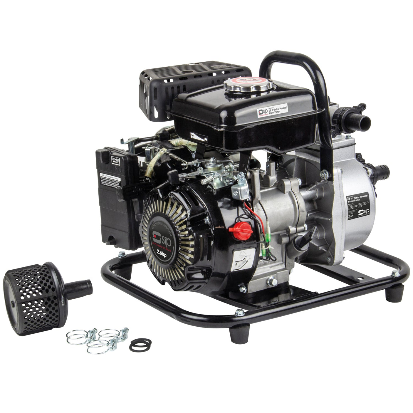 The SIP - 1" Petrol Water Pump (SIP-04913) by SIP is a heavy-duty, petrol-powered water pump with an integrated engine, securely mounted on a sturdy metal frame. Included accessories, such as a black filter basket and clamps, are positioned next to it.