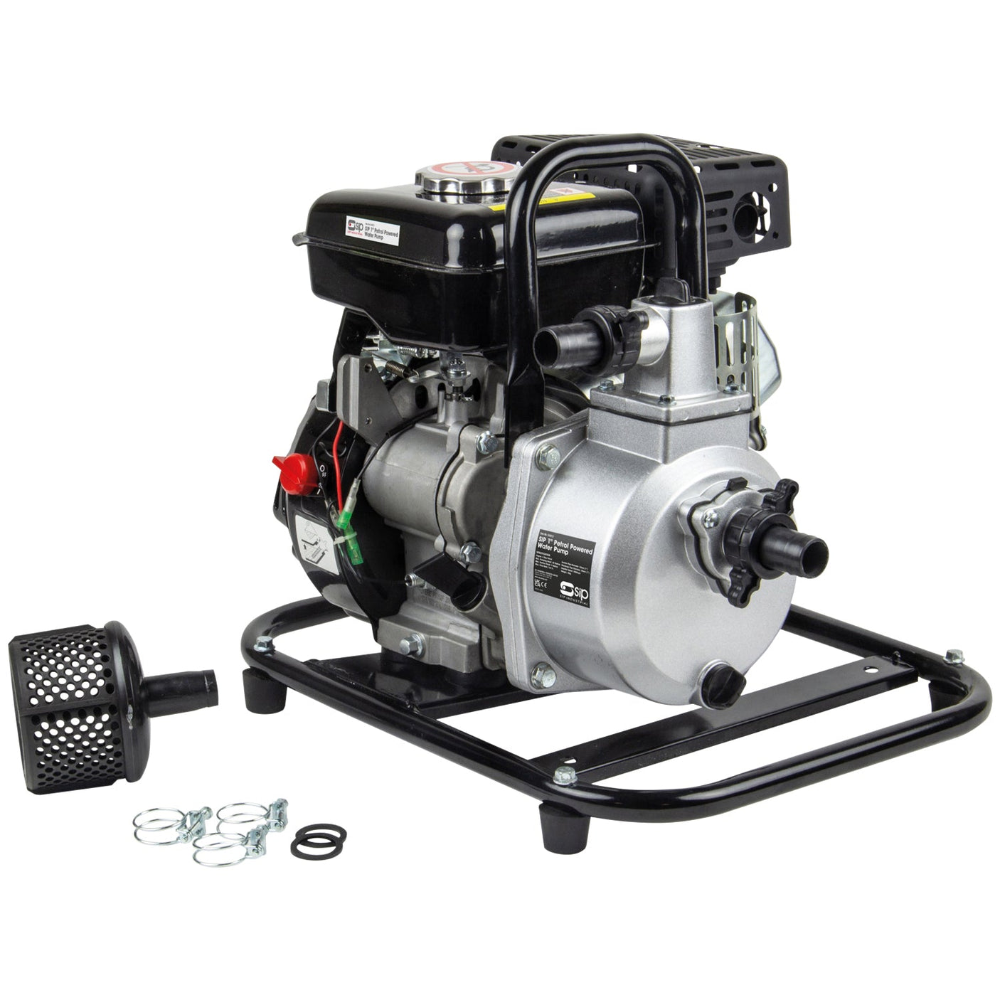 The SIP - 1" Petrol Water Pump (Model SIP-04913) from SIP features a metallic body mounted on a black frame. Included nearby are a matching black intake filter, hose clamps, and rubber gaskets.