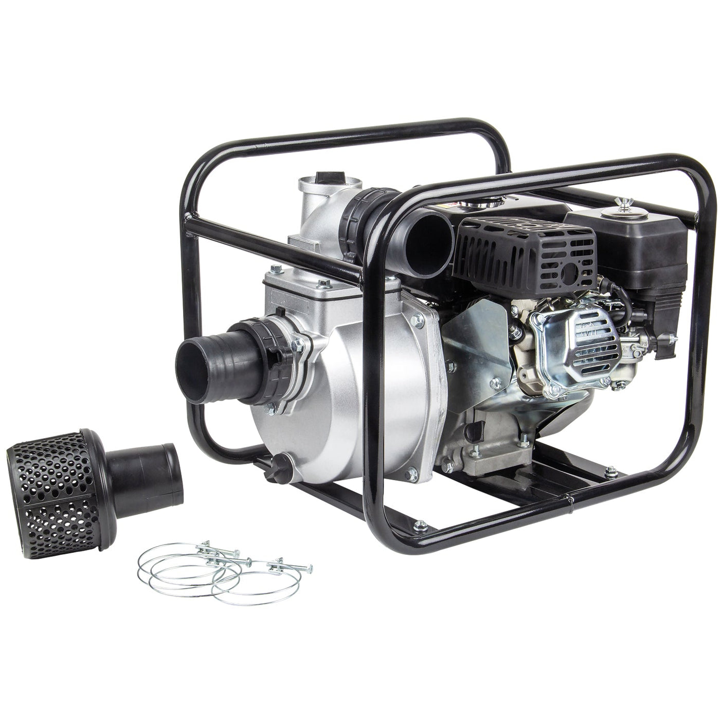 The SIP - 3" Petrol Water Pump (model SIP-04919) by SIP, featuring a heavy-duty cast iron impeller, is housed in a sturdy metal frame support and includes a black engine. It comes with hose attachments, clamps, and a filter positioned beside it.