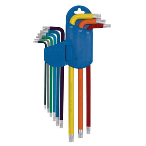 The Draper Expert Tx-Star® Metric Extra-Long Arm Key Set, Colour Coded (9 Piece) - XLCTXKS/9 features sizes ranging from T10 to T50, organized in a durable blue plastic holder.