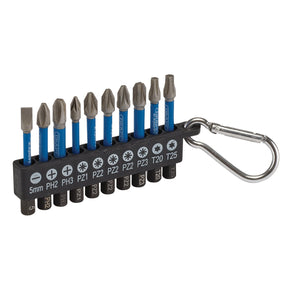 The Draper Expert Impact Screwdriver Bit Set, a 10-piece collection of 50mm, 1/4" hex bits made from durable S2 steel, comes organized in a labeled portable storage block and features a metal keychain clip for easy transport.
