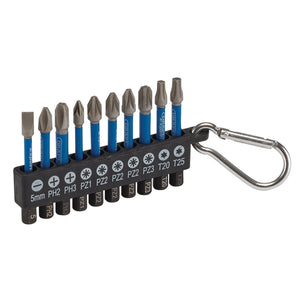 The Draper Expert Impact Screwdriver Bit Set, a 10-piece collection of 50mm, 1/4" hex bits made from durable S2 steel, comes organized in a labeled portable storage block and features a metal keychain clip for easy transport.