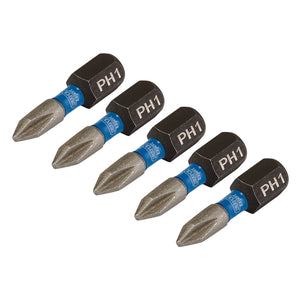 Five Draper Expert Cross Slot/Ph Type Impact Screwdriver Bits, No.1 x 25mm, with black bodies and blue bands are arranged in a row on a white background. Built from S2 steel, these tools feature precision ground tips for accuracy and include a shock-absorbing torsion design for enhanced durability.