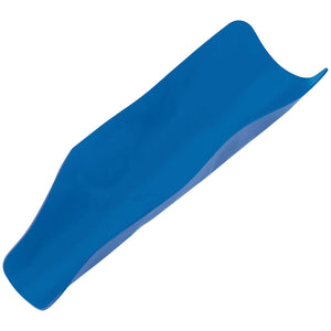 A blue plastic slide designed for playground use, featuring a slightly wavy surface and curved edges, includes a leak-proof channel to ensure safety and durability, similar to the high-quality engineering seen in Draper Foldable Funnel - FF3 by Draper.