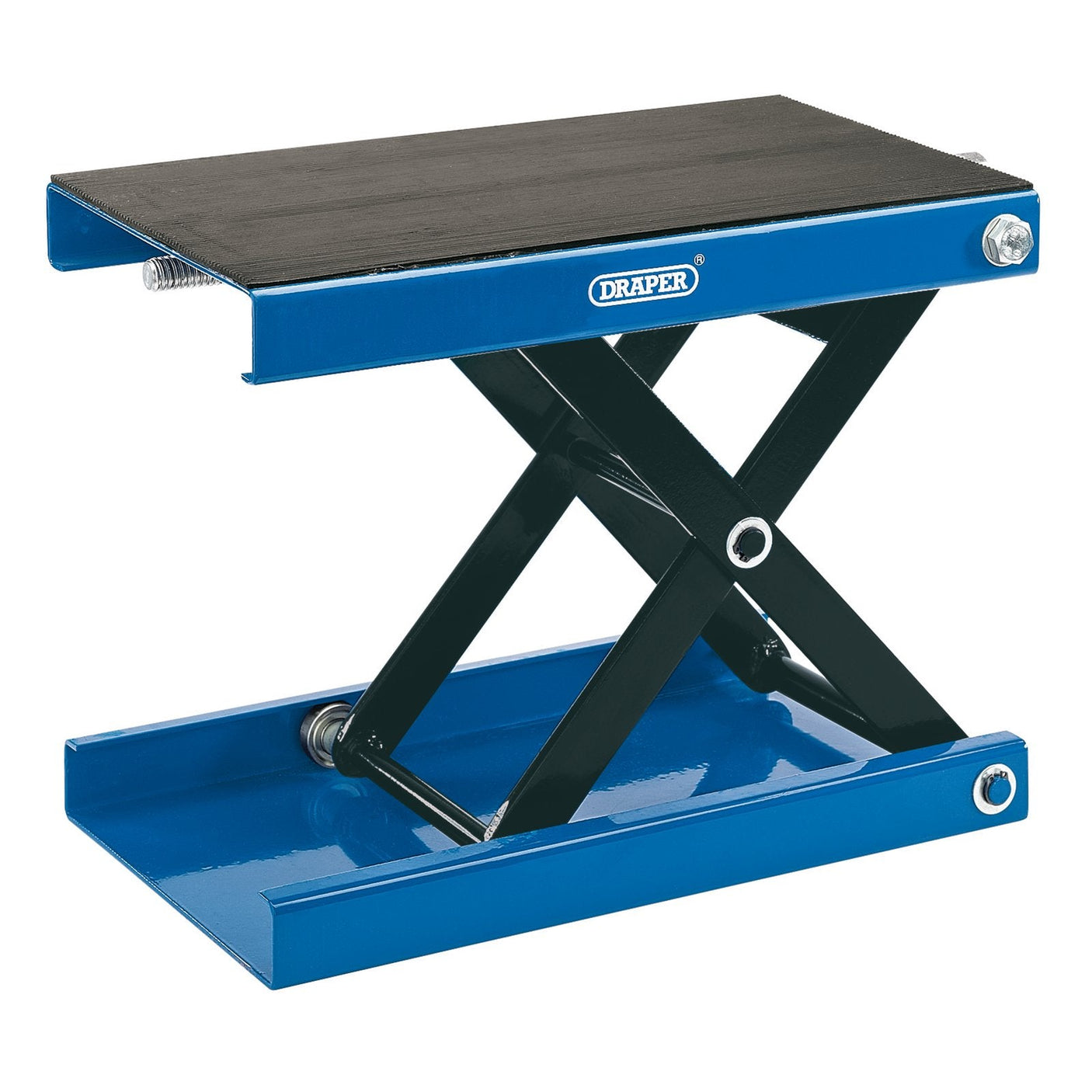 The Draper Motorcycle Scissor Stand With Pad, 450Kg - MCPL1 features a blue scissor lift with a black lifting platform and rubber mat, making it perfect for small-scale lifting and lowering tasks, as well as serving as an ideal motorcycle lift.