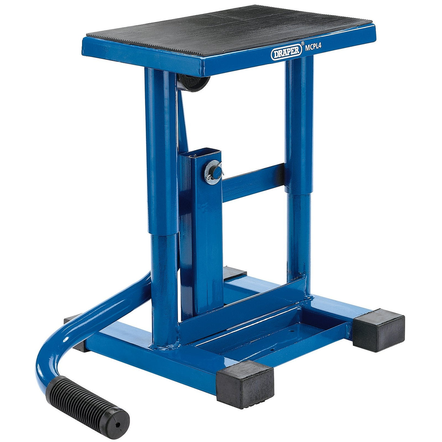 The Draper Quick Lift Trials Bike Stand, model MCPL4, supports up to 160kg and showcases a blue design with a rectangular rubber platform, black handlebars, and large base feet. This stand features a central adjustable height mechanism and is perfect for off-road bikes.