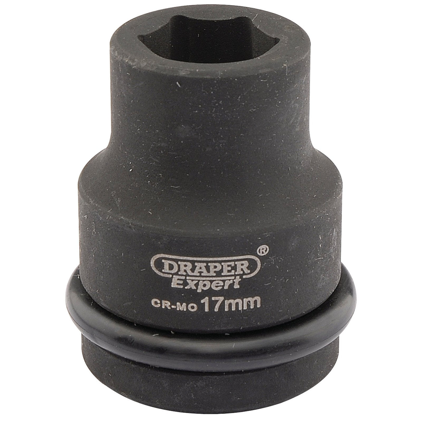 The Draper Expert Hi-Torq® 6 Point Impact Socket, 3/4" Sq. Dr., 17mm - 419-MM is a high-quality impact socket made of chrome molybdenum material with a black finish and features a rubber ring around its base, perfect for use with air impact wrenches.