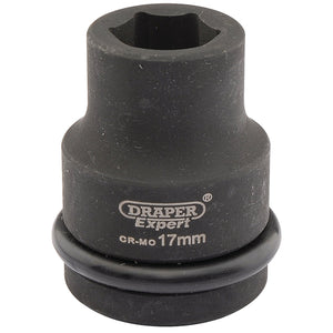 The Draper Expert Hi-Torq® 6 Point Impact Socket, 3/4" Sq. Dr., 17mm - 419-MM is a high-quality impact socket made of chrome molybdenum material with a black finish and features a rubber ring around its base, perfect for use with air impact wrenches.