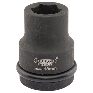 An 18mm Draper Expert Hi-Torq® 6 Point Impact Socket, identified as model 419-MM and featuring a 3/4" square drive, is specifically designed for use with impact wrenches and comes with a durable black finish and an attached rubber ring.