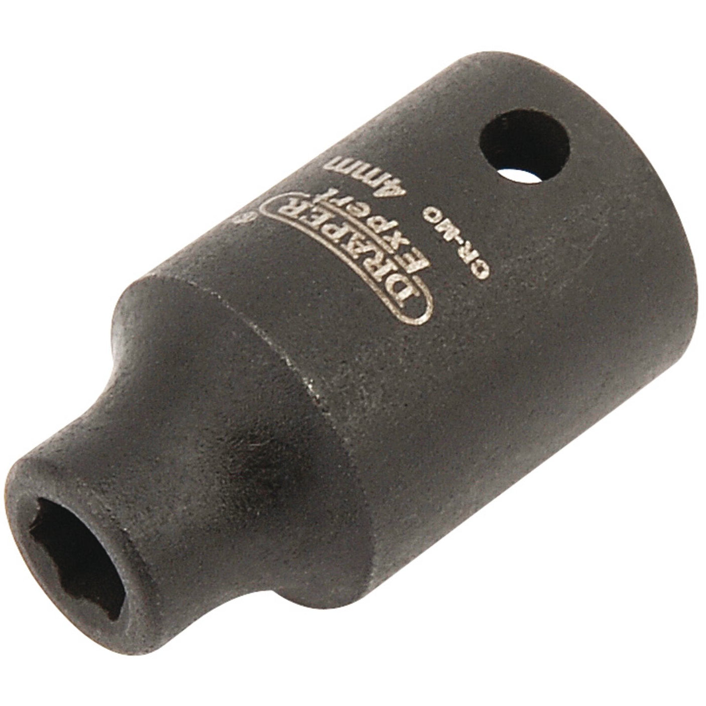 The Draper Expert Hi-Torq® 6 Point Impact Socket, 1/4" Sq. Dr., 4mm - 406-MM, features a durable black finish with a hexagonal opening and a hole for secure attachment, made from robust chrome molybdenum. Perfect for use with air wrenches.