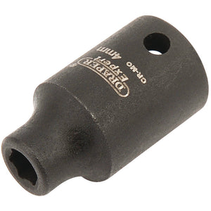 The Draper Expert Hi-Torq® 6 Point Impact Socket, 1/4" Sq. Dr., 4mm - 406-MM, features a durable black finish with a hexagonal opening and a hole for secure attachment, made from robust chrome molybdenum. Perfect for use with air wrenches.