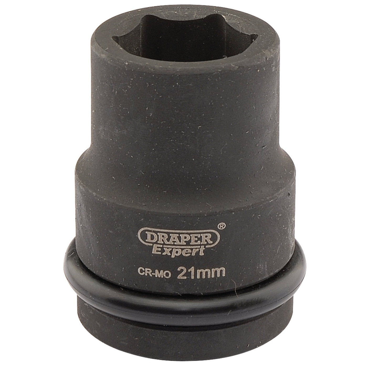 A Draper Expert Hi-Torq® 6 Point Impact Socket, 3/4" Sq. Dr., 21mm - 419-MM, made from chrome molybdenum (CR-MO) steel, features a black finish and an engraved logo.