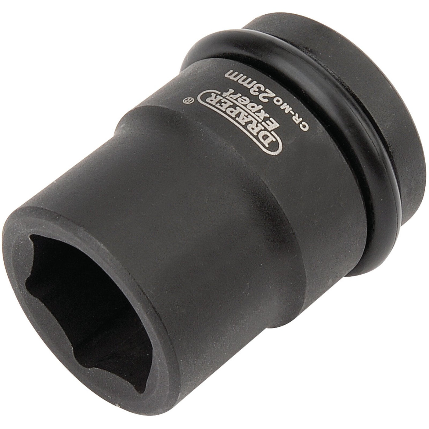 Close-up of the Draper Expert Hi-Torq® 6 Point Impact Socket, 3/4" Sq. Dr., 23mm - 419-MM, made from durable chrome molybdenum, featuring white text "Draper, CR-MO, 23mm." Designed for heavy-duty use with air wrenches, the black socket boasts a hexagonal opening.