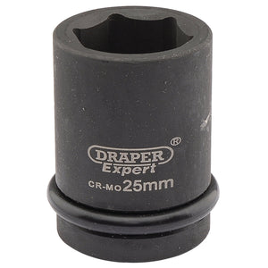 A Draper Expert Hi-Torq® 6 Point Impact Socket, 3/4" Sq. Dr., 25mm - 419-MM in black, featuring a rubber ring around its base and made from durable chrome molybdenum hardened construction.