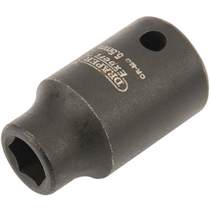 A black 5.5mm Draper Expert Hi-Torq® 6 Point Impact Socket, 1/4" Sq. Dr., featuring a hole near the top, "Draper" branding, and compatibility with air wrenches.