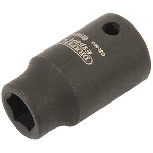 The Draper Expert Hi-Torq® 6 Point Impact Socket, 1/4" Sq. Dr., 6mm, is a black hexagonal socket adapter perfect for impact sockets. It features a hole for secure attachment to a wrench or tool and boasts high-quality chrome molybdenum construction, meticulously crafted by Draper Tools.