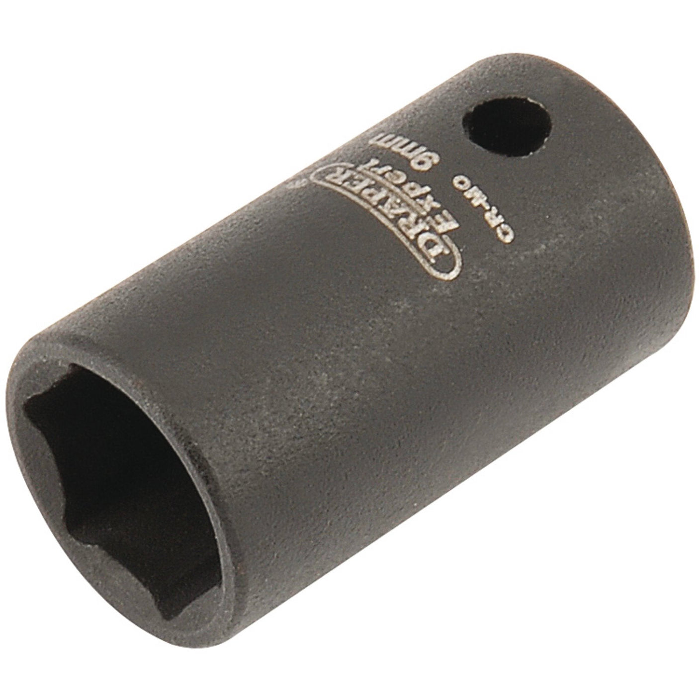 Close-up image of a 9mm 1/4-inch drive impact socket made of durable chrome molybdenum steel. The socket is black, labeled with the brand "Draper," and features Hi-Torq technology for enhanced performance.