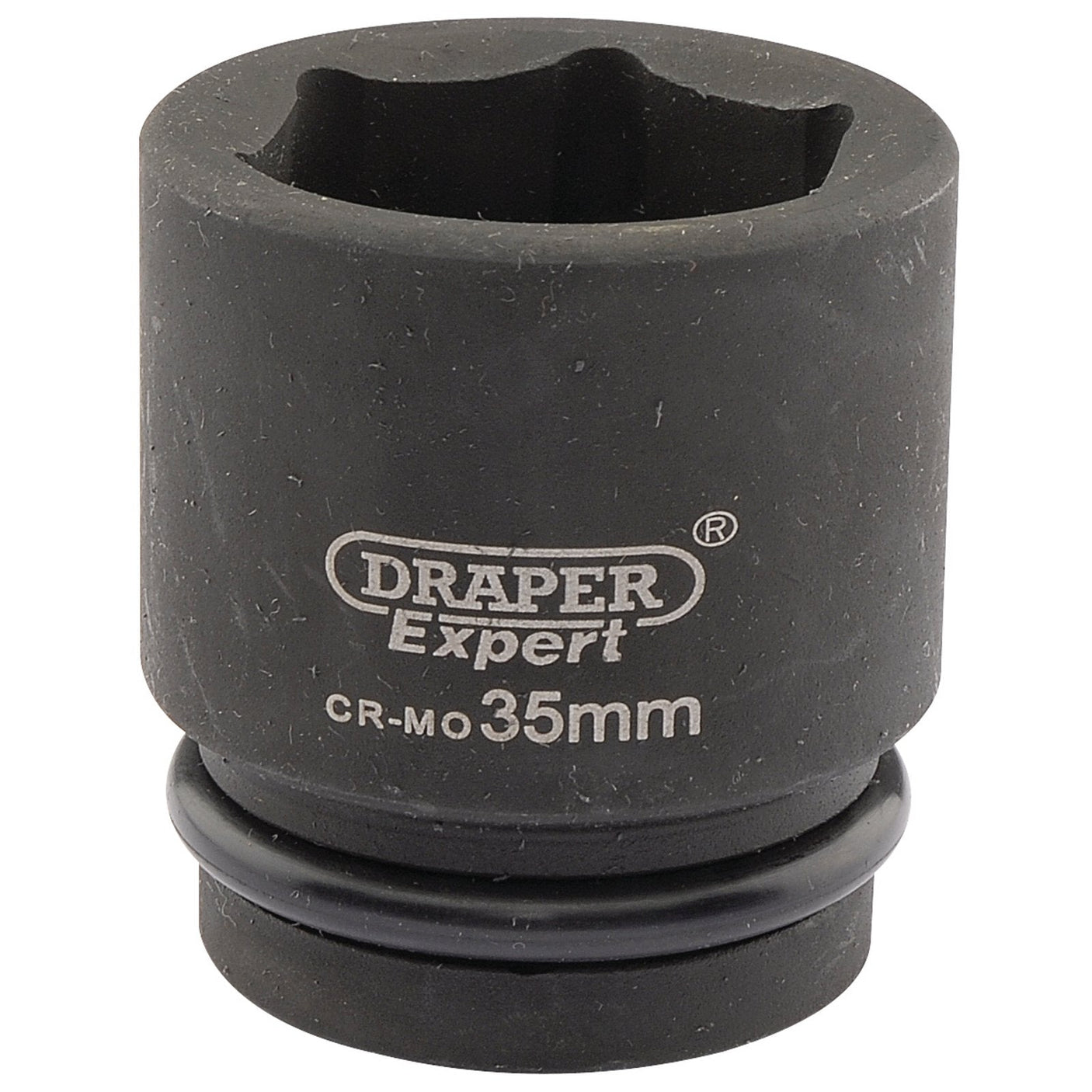 A black Draper Expert Hi-Torq® 6 Point Impact Socket, 419-MM with a 3/4" square drive and a 35mm size, ideal for use with impact wrenches.