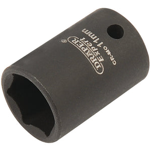 A black 11mm Draper Expert Hi-Torq® 6 Point Impact Socket, designed for a 1/4" square drive and crafted from durable chrome molybdenum for superior impact resistance, with visible Draper branding and size markings.