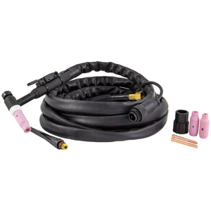 A coiled black SIP 17 4mtr 3-Pin TIG Welding Torch (Model IP-05018) with a handle and various pink and copper attachments arranged beside it.