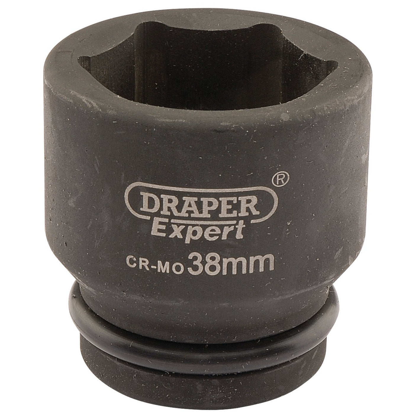 A black Draper Expert Hi-Torq® 6 Point Impact Socket, 3/4" Sq. Dr., 38mm - 419-MM with a slightly textured surface and the Draper branding visible on the side.