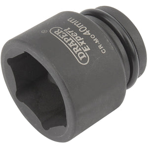 The Draper Expert Hi-Torq® 6 Point Impact Socket, 3/4" Sq. Dr., 40mm - 419-MM has a black finish and a hexagonal opening, making it ideal for use with impact wrenches. It features the 'CR-MO' marking, indicating it's made from durable chrome molybdenum.