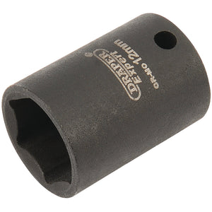 A black 12mm Draper Expert Hi-Torq® 6 Point Impact Socket, size 1/4" square drive, is manufactured from durable chrome molybdenum and features a hole for a retaining pin along with stamped brand logo and size markings. It is perfectly compatible with air wrenches for heavy-duty tasks.