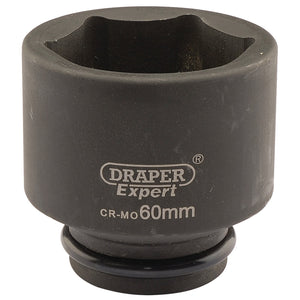 Close-up of a Draper Expert Hi-Torq® 60mm socket wrench, labeled "CR-MO 60mm," made from durable chrome molybdenum sockets, perfect for use with impact wrenches.