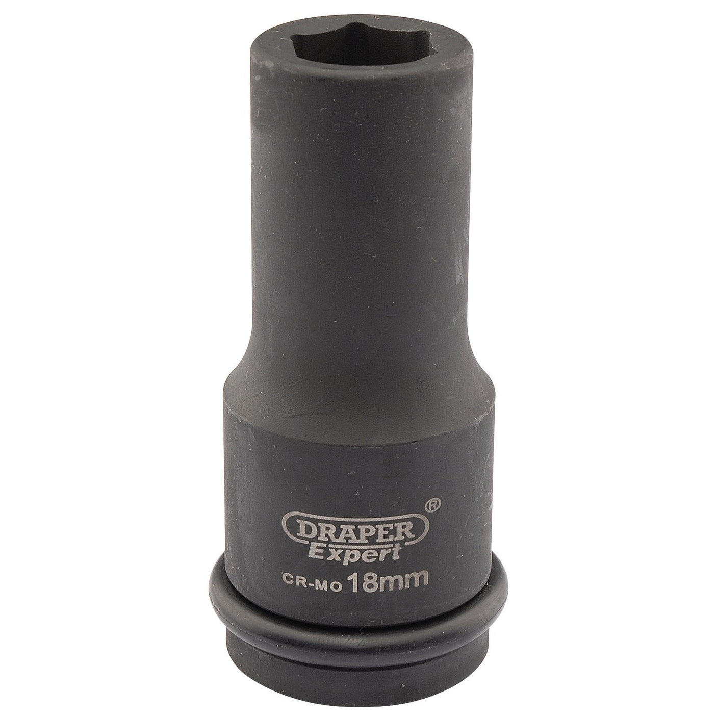 A black Draper Expert Hi-Torq® 6 Point Deep Impact Socket, 3/4" Sq. Dr., 18mm - 419D-MM, crafted from durable chrome molybdenum steel, features clear inscriptions for the brand name and socket size. It's perfectly compatible with air wrenches for efficient performance.