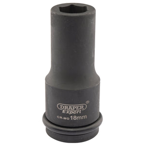 A black Draper Expert Hi-Torq® 6 Point Deep Impact Socket, 3/4" Sq. Dr., 18mm - 419D-MM, crafted from durable chrome molybdenum steel, features clear inscriptions for the brand name and socket size. It's perfectly compatible with air wrenches for efficient performance.