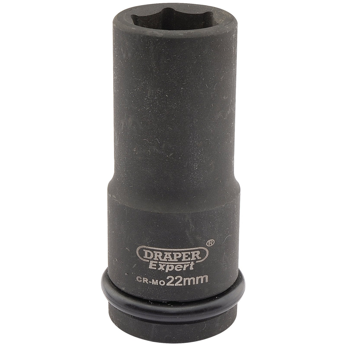 A black Draper Expert Hi-Torq® 6 Point Deep Impact Socket, 3/4" Sq. Dr., 22mm - 419D-MM with a rubber ring near its base, perfect for use with impact wrenches.