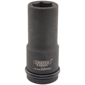 A black Draper Expert Hi-Torq® 6 Point Deep Impact Socket, 3/4" Sq. Dr., 22mm - 419D-MM with a rubber ring near its base, perfect for use with impact wrenches.