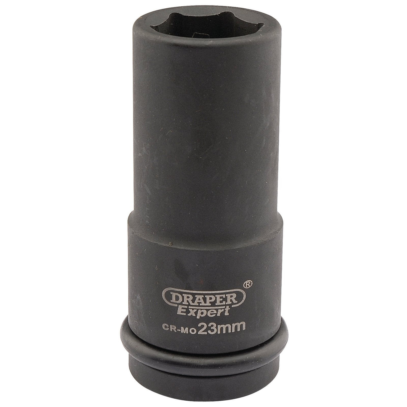 A black 23mm Draper Expert Hi-Torq® 6 Point Deep Impact Socket, with a cylindrical shape, made from durable chrome molybdenum and designed for use with air wrenches.