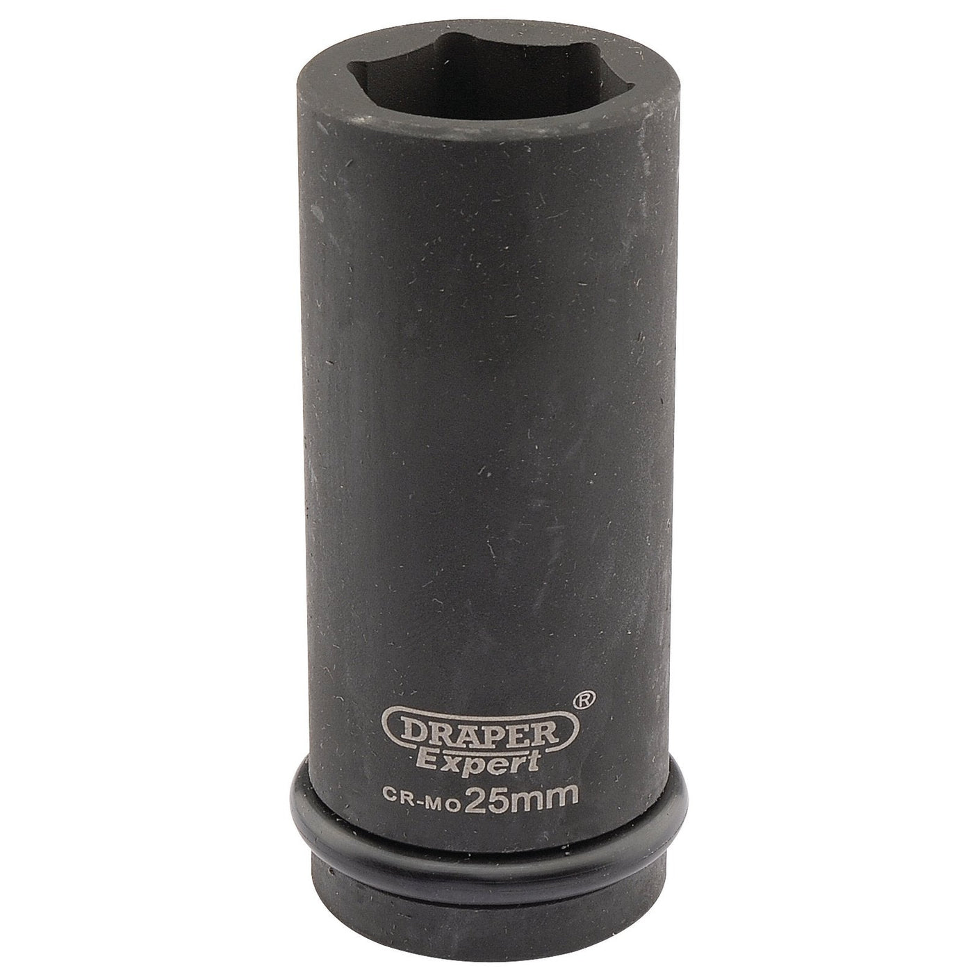 A Draper Expert Hi-Torq® 6 Point Deep Impact Socket, 25mm with a black finish, chrome molybdenum marking, and a ring near the base.