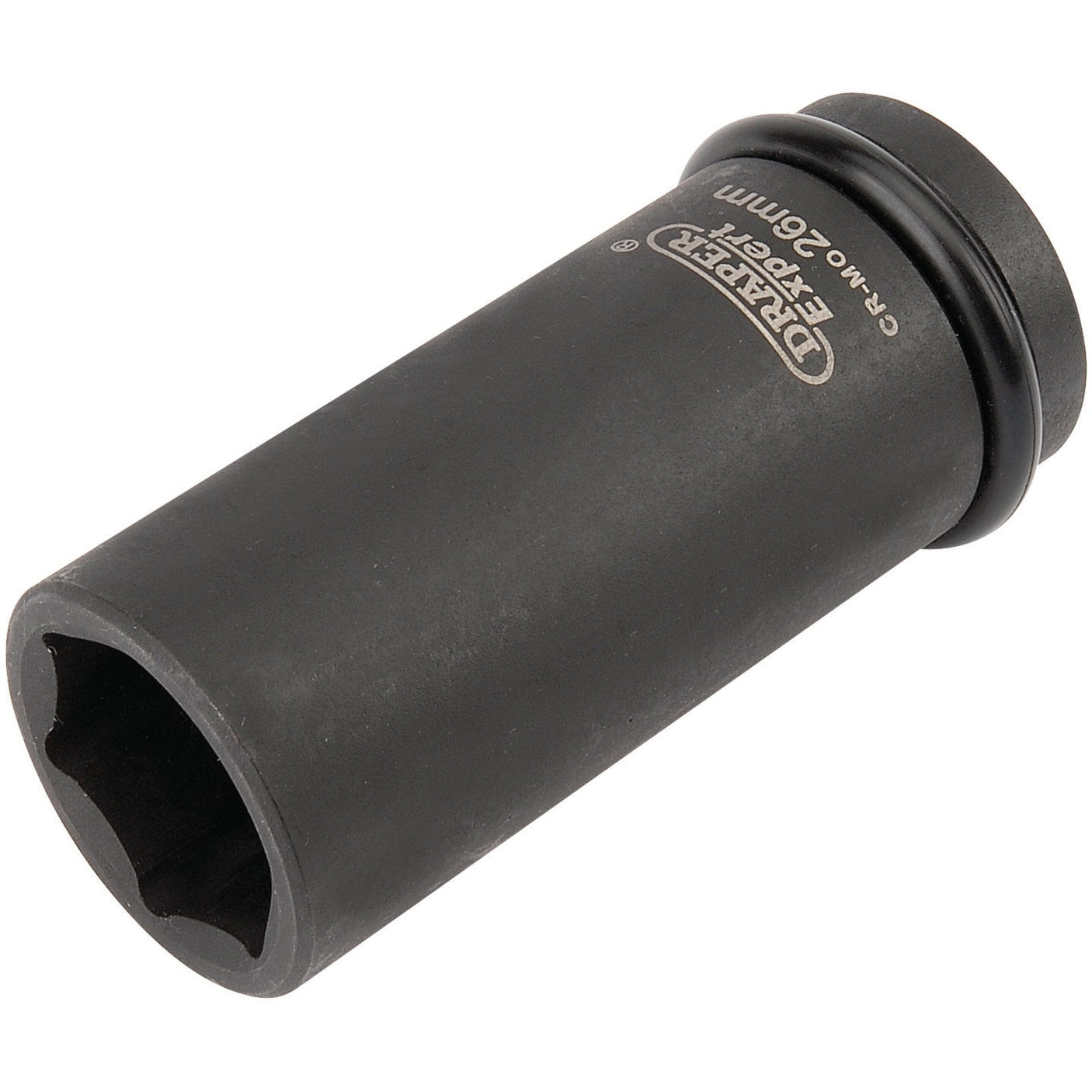 A black, 3/4-inch drive, 6-point deep impact socket from Draper Expert branded "Draper," labeled "CR-MO 26MM," and featuring HI-TORQ technology.