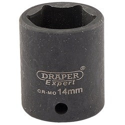 The 14mm Draper Expert Hi-Torq® 6 Point Impact Socket, featuring a durable CR-MO (chromium-molybdenum) steel construction and designed with a 1/4" square drive, shown from a slightly angled perspective is ideal for use with impact wrenches.