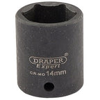 The 14mm Draper Expert Hi-Torq® 6 Point Impact Socket, featuring a durable CR-MO (chromium-molybdenum) steel construction and designed with a 1/4" square drive, shown from a slightly angled perspective is ideal for use with impact wrenches.