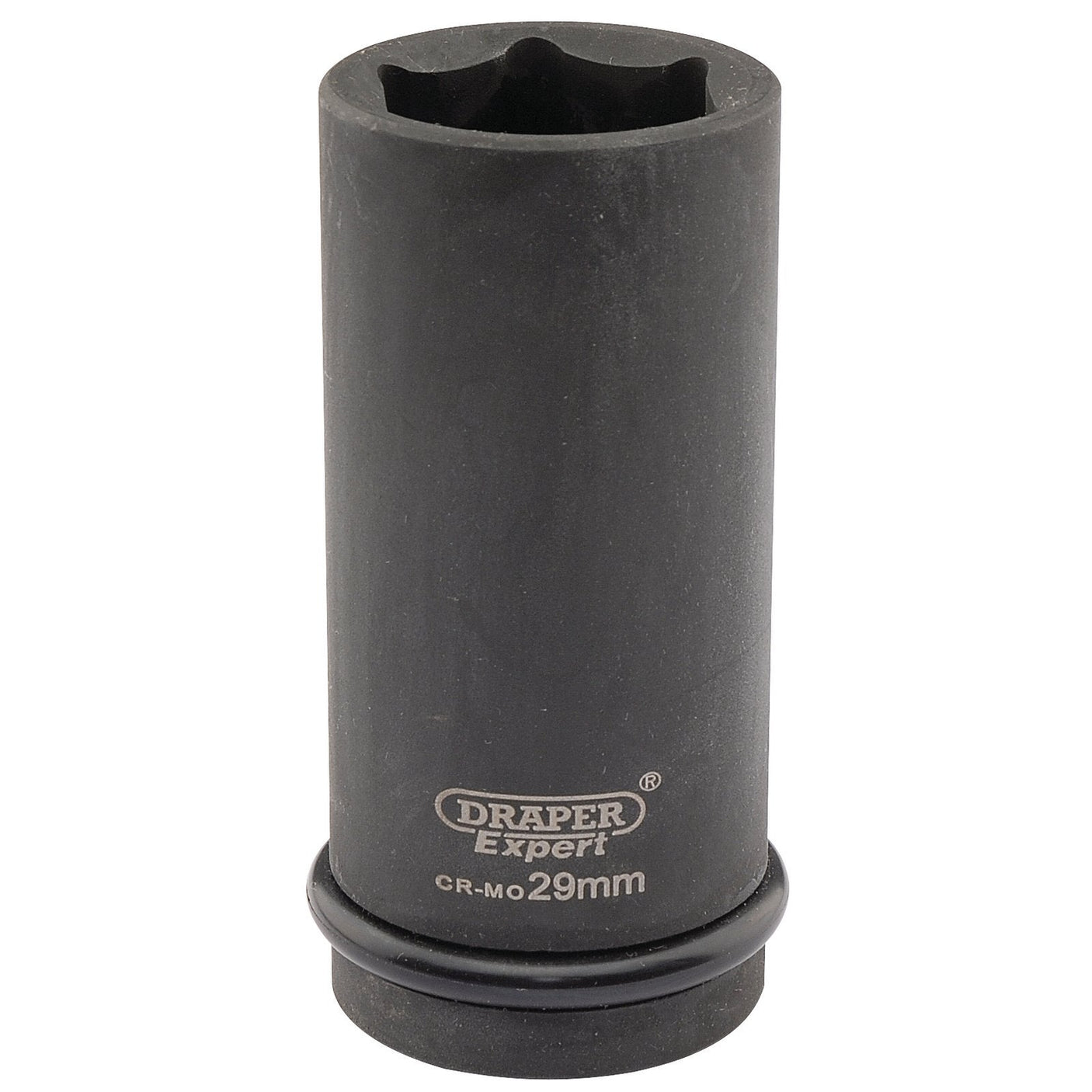 A Draper Expert Hi-Torq® 6 Point Deep Impact Socket, 29mm with a black finish, marked "CR-MO 29mm," designed for use with 3/4" square drive impact wrenches, featuring a rubber ring around the base.