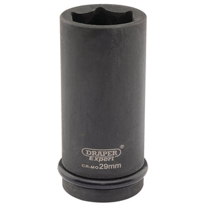 A Draper Expert Hi-Torq® 6 Point Deep Impact Socket, 29mm with a black finish, marked "CR-MO 29mm," designed for use with 3/4" square drive impact wrenches, featuring a rubber ring around the base.