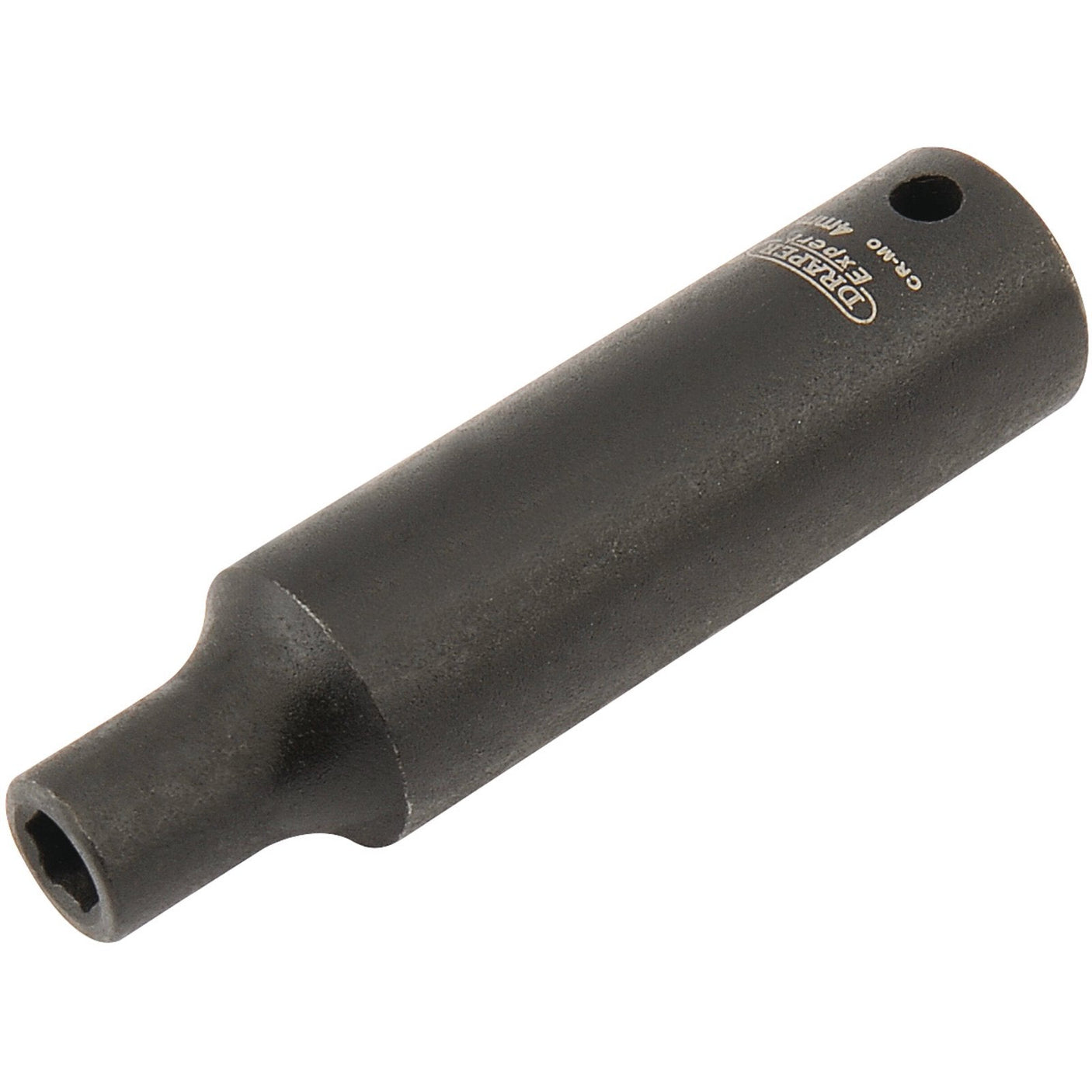 A Draper Expert Hi-Torq® 6 Point Deep Impact Socket, 1/4" Sq. Dr., 4mm - 406D-MM, featuring a black cylindrical metal construction made from chrome molybdenum with a slightly tapered end.