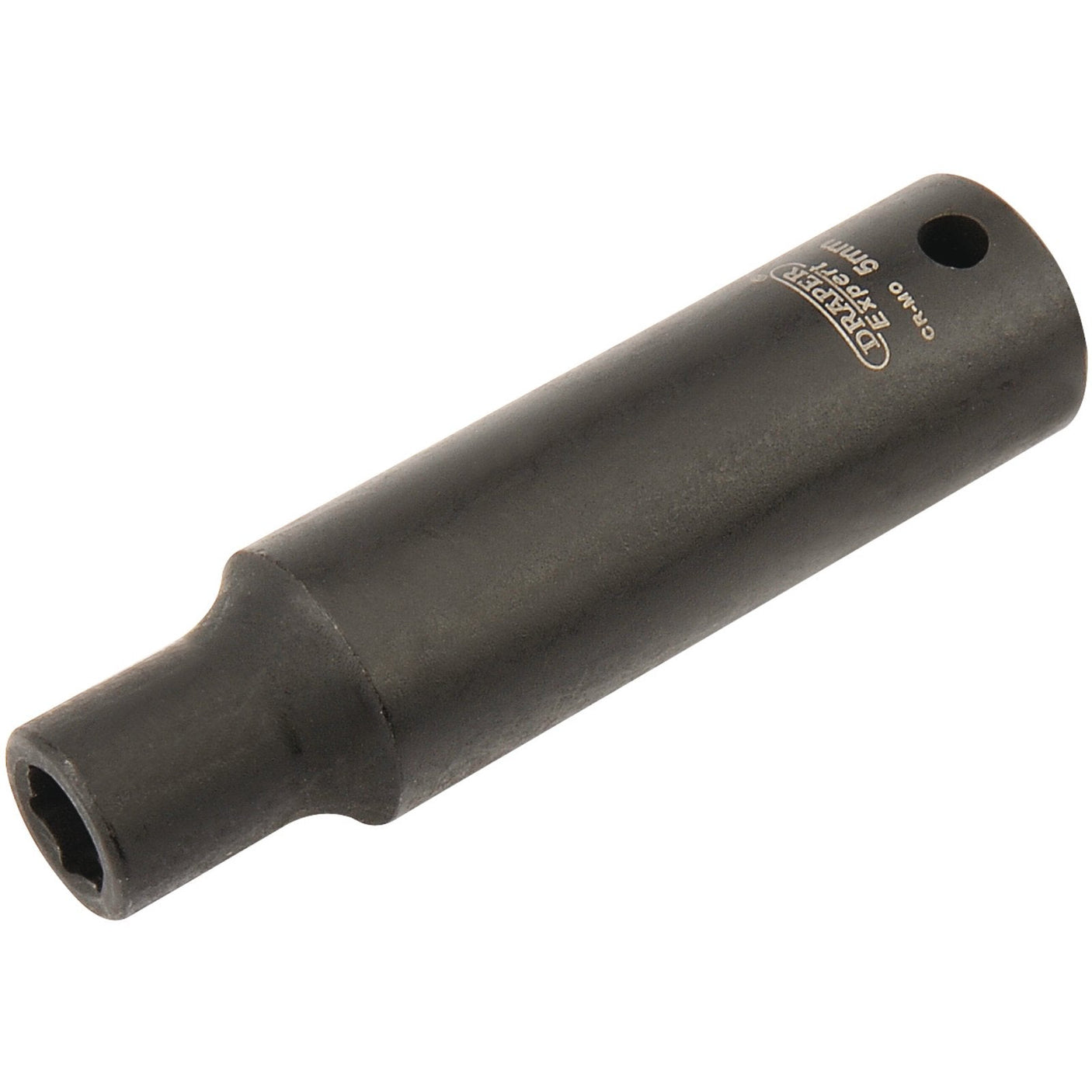 The Draper Expert Hi-Torq® 6 Point Deep Impact Socket, 1/4" Sq. Dr., 5mm - 406D-MM is a black, cylindrical socket crafted from durable chrome molybdenum with side markings. It is designed for use with a wrench or air wrenches.