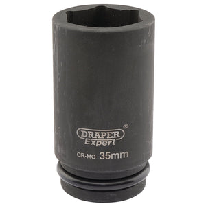 A black Draper Expert Hi-Torq® 6 Point Deep Impact Socket, designed for use with impact wrenches, features CR-MO printed on its side.