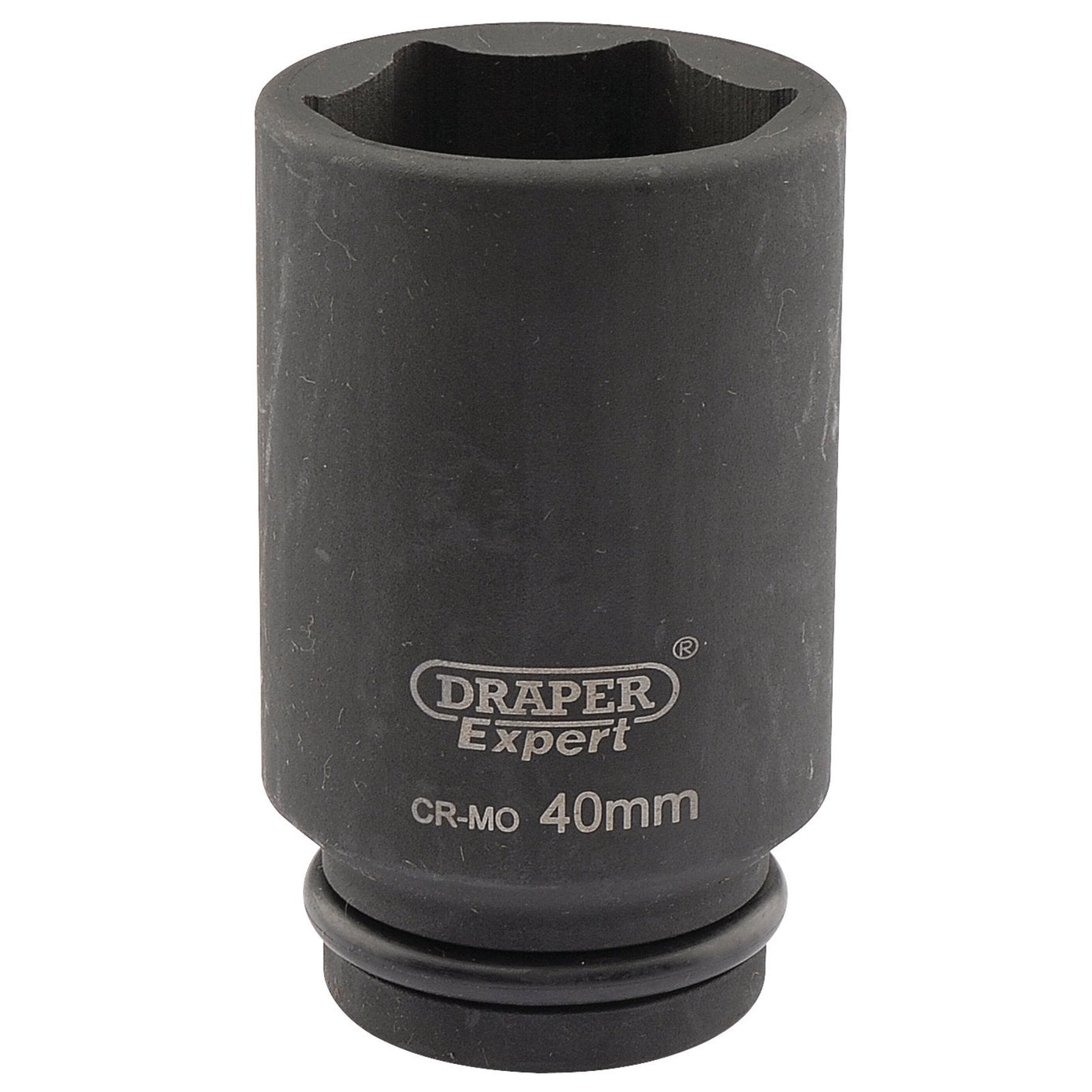 Close-up of a black Draper Expert Hi-Torq® 6 Point Deep Impact Socket, 3/4" Sq. Dr., 40mm - 419D-MM, designed for heavy-duty use in mechanical applications and compatible with air wrenches.