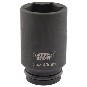 Close-up of a black Draper Expert Hi-Torq® 6 Point Deep Impact Socket, 3/4" Sq. Dr., 40mm - 419D-MM, designed for heavy-duty use in mechanical applications and compatible with air wrenches.