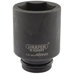 A black Draper Expert Hi-Torq® 46mm deep impact socket, designed for heavy-duty use with air impact wrenches, shown upright.