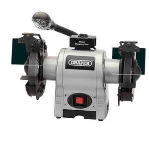 A Draper Bench Grinder with Worklight, featuring a 150mm, 370W motor, silver body, two grinding wheels, eye protection shields, and a lamp attachment. Ideal for any workshop machine setup.